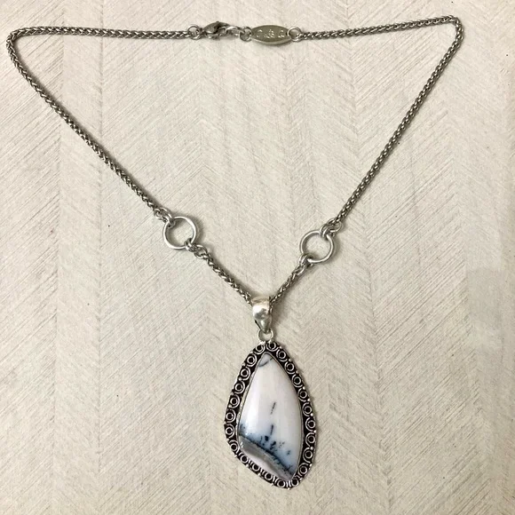 925 sterling silver overlay white grey agate gemstone charm boho stone necklace - Picture 12 of 14